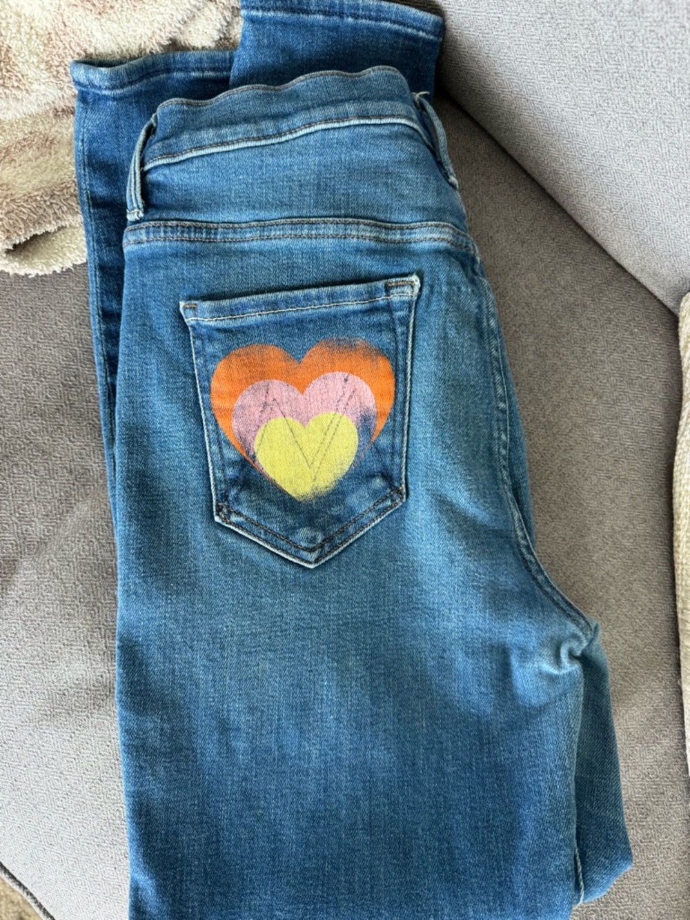 MOTHER Blue Skinny Jeans with Orange Pink Yellow Heart Pocket
